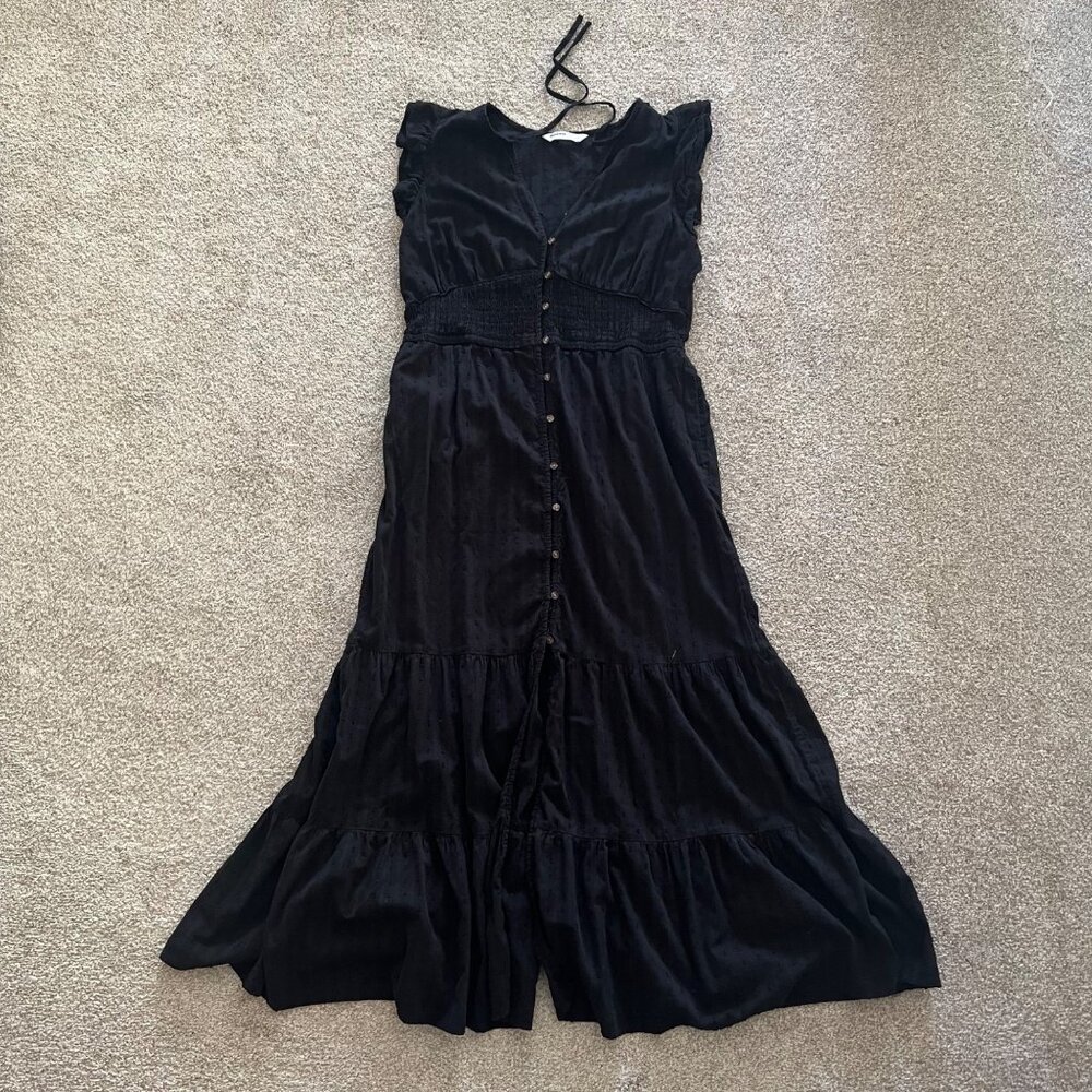 SOLDBlack Milkmaid Ruffle Dress Full Length Buttons Embroidered Polka Dots - Picture 10 of 10